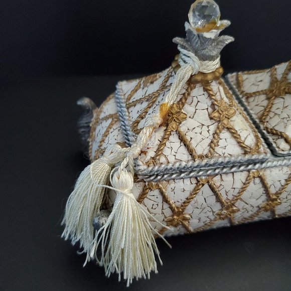 Dresser Top Trinket Chest w/ Finial Lids Footed Tassels Hand Painted Crackled - Picture 2 of 8